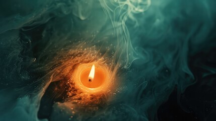 Glowing Orange Candle with Deep Green and Blue Swirling Smoke.