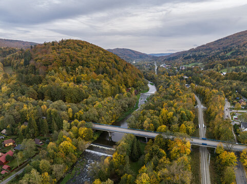 Scenery of the town and health resort in Ustron on the hills of the Silesian Beskids, Poland. Aerial drone view of beskid mountains in Ustron. Ustron Aerial View. Vistula River flows through Ustron.