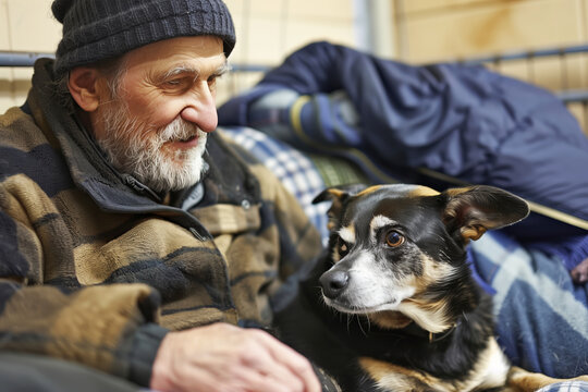 Happy homeless mature man hugs dog sitting on steps of old church. Elderly tramp with pet rests on stone steps on city street. Poverty problem