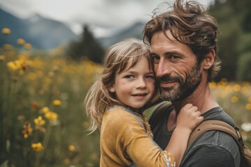 a young girl and an his father are laughing in a field