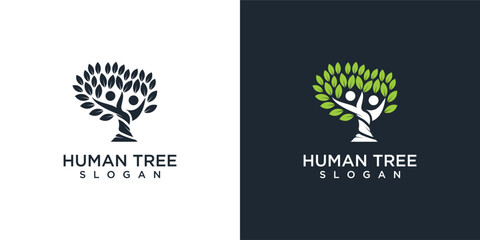 Human tree logo design in growth tree symbol. people ecology tree logo - obrazy, fototapety, plakaty