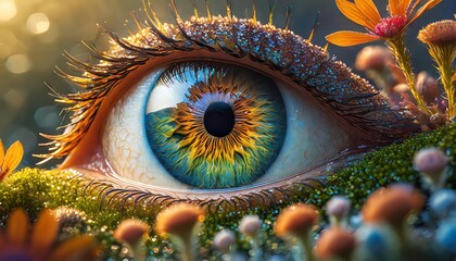 Close-Up of Human Eye with Vibrant Nature Reflection - obrazy, fototapety, plakaty