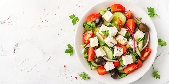 Greek Salad Delight. A vibrant and fresh Greek salad with feta cheese, juicy tomatoes, crisp cucumbers, and Kalamata olives, beautifully presented for a healthy meal. Top view with copy space.