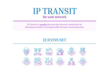 Fototapeta na wymiar Fibre Internet - IP Transit Icon Set, Gradient, Blue, Pink, Outline
