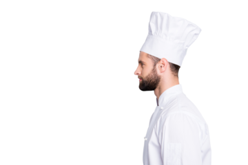 Profile side view half face portrait with copyspace empty place for advertisement product of concentrated, handsome chef cook in beret and white outfit isolated on grey background