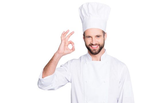Portrait of cheerful joyful chef cook in beret and white outfit with stubble looking at camera showing ok sign, approve, advice menu isolated on grey background