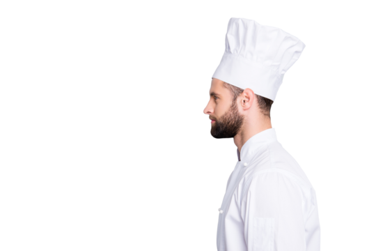 Profile side view half face portrait with copyspace empty place for advertisement product of concentrated, handsome chef cook in beret and white outfit isolated on grey background