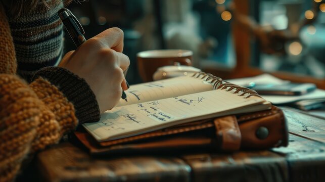 Person writing in notebook at a rustic table.