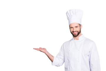 Portrait with empty place for advertisement, product of joyful attractive chef cook in beret with stubble holding copy space on his palm, looking at camera, isolated on grey background
