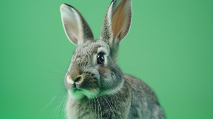 Portrait of a cute fluffy gray rabbit with ear.