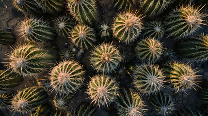 Top-down view aerial drone shot, cacti in a desert isolated, golden hour, natural light, shadow play