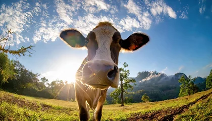 Foto op Plexiglas Sunrise Pasture: Curious Cow in Morning Light © VGV