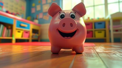 An animated piggy bank for teaching children the basics of financial education, in a colorful classroom setting