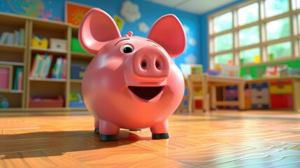 An animated piggy bank for teaching children the basics of financial education, in a colorful classroom setting