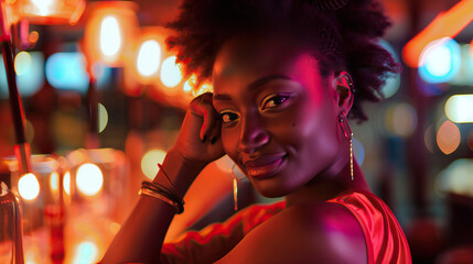 Young stylish trendy black woman in a modern European bar on a date after work. Woman relaxed and staring at the camera, date night, isolated shot, bokeh, neon bar lighting