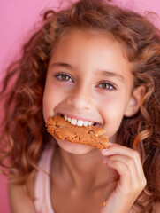 Naklejka premium A little smiling girl eats a cookie