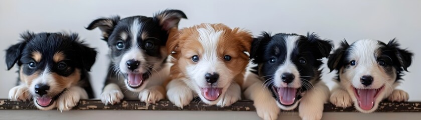 Five Exuberant Border Collie Puppies Posing with Open Mouths and Playful Expressions