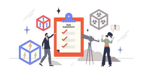 Risk assessment and potential dangers for business retro tiny person concept, transparent background. List with company hazards, crisis or threats illustration.