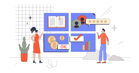 Balanced scorecard as main business aspects measurement retro tiny person concept, transparent background. Information report about learning, company growth, business process.