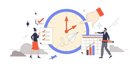 Fototapeta na wymiar Time management and effective work organization retro tiny person concept, transparent background. Efficiency and productivity with clock as deadline symbol illustration.