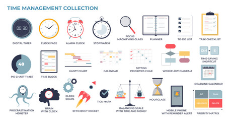 Time management and effective work tasks planning in tiny collection set, transparent background. Labeled elements with timer, schedule charts and workflow tools illustration. - obrazy, fototapety, plakaty