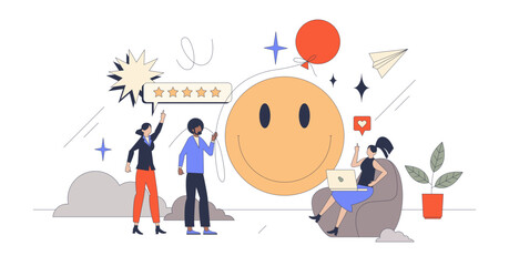 Employee satisfaction and staff loyalty survey retro tiny person concept, transparent background. Job community feeling and emotional feedback about company and colleagues illustration.