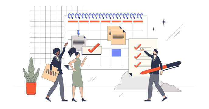 Project planning and business tasks organization retro tiny person concept, transparent background. Company work flow administration with to do schedule graphic or checklist.