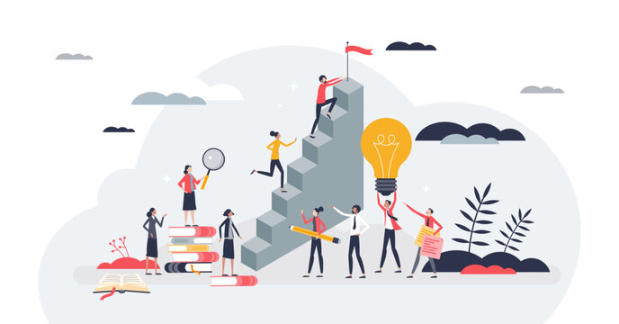 Personal growth and progress with potential success tiny person concept, transparent background. Personality development with goal achievement and climbing career stairs illustration.