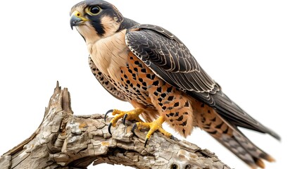 Majestic Peregrine Falcon Perched on Wood Branch with Piercing Gaze - Sky Predator - obrazy, fototapety, plakaty