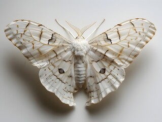 Carved White Moth with Brown Patterns on Stark White Background - Natures Artwork
