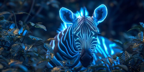 Blue Bioluminescent Zebra Illuminated in a Jungle Night