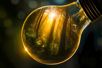 A forest in the morning viewed through a light bulb. Conceptual illustration represents thinking outside the box and finding creative solutions