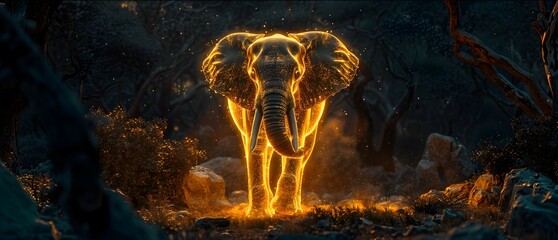 Fire Elephant Standing in Dark Forest, Cinematic Warm Light, Stylish Illumination