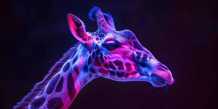 Purple and Blue Neon Giraffe Minimalistic Illumination and High Contrast Portrait