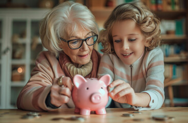 Happy grandmother and her smiling little granddaughter together with a pink piggy bank on a table at home, focusing on it, making a collage of coins in her hand. Financial education concept