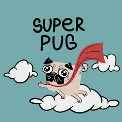 Cute pug cartoon. Super hero Pug vector illustration.