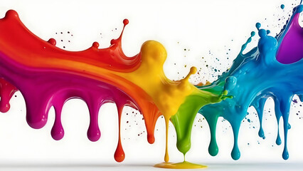 Color liquid ink splash abstract background rainbow art. Splash collage  rainbow mix flow drip on white background 