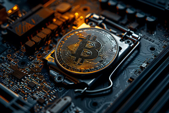 Golden Bitcoin on the motherboard. Cryptocurrency mining concept.Close-up view of electronic circuit board with bitcoin symbol