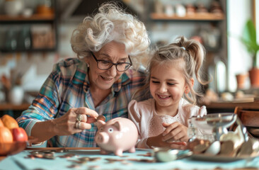 Happy grandmother and her smiling little granddaughter together with a pink piggy bank on a table at home, focusing on it, making a collage of coins in her hand. Financial education concept - obrazy, fototapety, plakaty