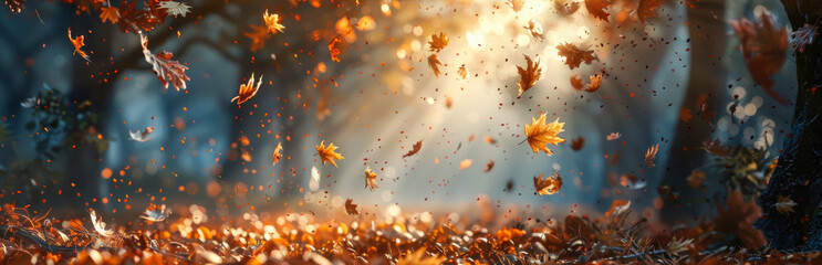 Vibrant colors of falling leaves bathed in the warm glow of a su - obrazy, fototapety, plakaty