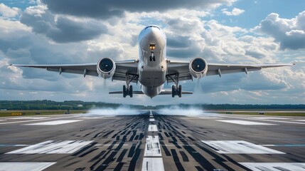 Naklejka premium close view of A large jetliner taking off natural beautiful weather.