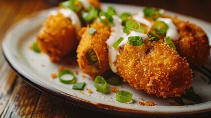 Traditional jalapeno Poppers with cream cheese filling on a breaded plate with cool ranch sauce. Image for cafe menu, Banner