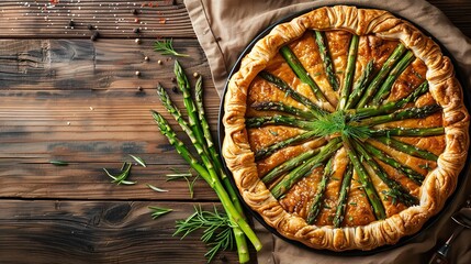 An appetizer on a wooden table featuring a top view of a handmade baked puff pastry asparagus tart with cheese and space for text, Generative AI. - obrazy, fototapety, plakaty