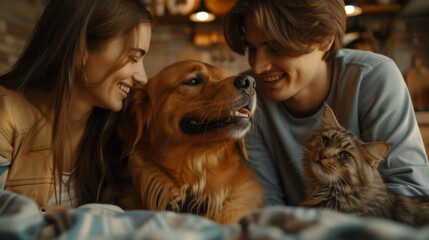 A married couple with a cat and a dog