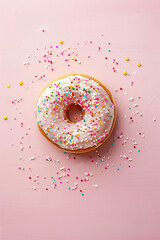 Frosted sprinkled donut. One isolated doughnut with sprinkles isolate on rose pinkbackground 