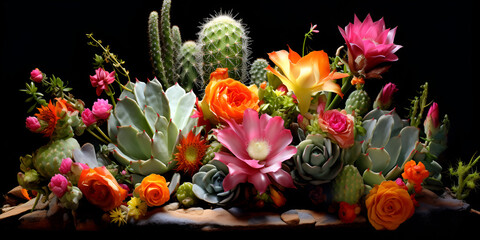  verity of cactus blooming flowers with radiant black background