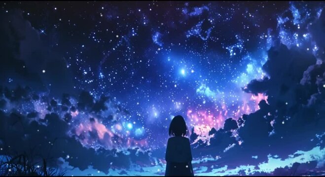 girl looking at the sky in a beautiful night, 4k video animation background