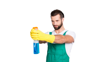 Portrait of funny comic cleaner in uniform t-shirt overall with stubble holding detergent spray with blue liquid like gun, isolated on grey background