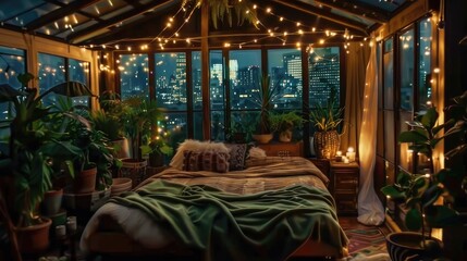 Peaceful Bungalow Bedroom with Plants, String Lights, and Night City View.