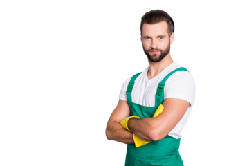 Portrait with copy space, empty place for advertisement, product of attractive half turned man with stubble having arms crossed, looking at camera, isolated on grey background